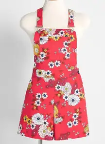 New  Candy Red Floral Dazed Summer Days Cotton Shortalls 6