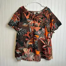 Cynthia Rowley 100% Linen Orange Brown Botanical Top Short Sleeve