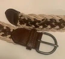 BELT BROWN LEATHER AND TAN BRAIDING WEAVED BELT SILVER BUCKLE