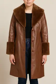 House of Harlow 1960 Faux Leather Trench Coat with Faux Fur Trim Brown Small