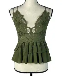 Free People  Intimately Small Adella Cami Top Olive Sparrow Ruffled Crochet Lace