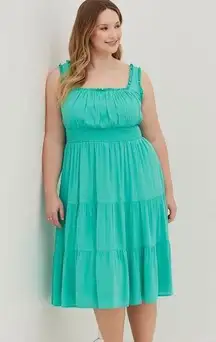 Torrid  Smocked Waist Tiered Midi Dress Crinkle Gauze Aqua Green pockets sz 3x