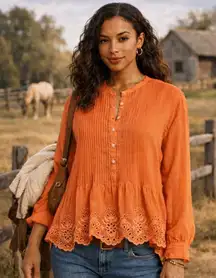 Johnny Was Leonie Pintuck Blouse - Coral/Salmon Eyelet Lace - Size Small