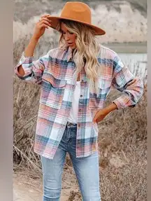 Pink blue white plaid button down shacket
