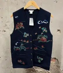 Vintage 100% Wool Embrodiered Fall Apple Farm Barn Sleeveless Vest Small