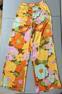 Yellow Orange Groovy Floral Print Silk Satin Wide-Leg Flare Pants Trousers Bottoms Size XS 🌸