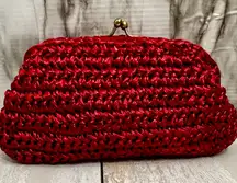 Red Raffia Kiss Lock Clutch Soft Italian Leather Interior Whimsy Evening Summer