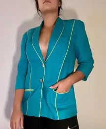 José Álvarez Vintage Teal Linen Blazer with Neon Green Piping