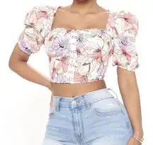 Fashionova Crop Top Blouse Floral Print Puff Sleeve  Size Large New