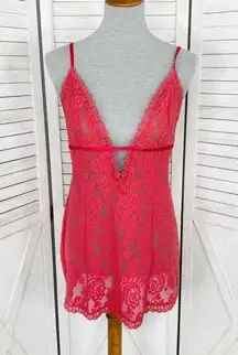 Victorias Secret Vintage Lace Babydoll Chemise Nightie Coral Red Large