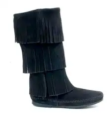 Minnetonka 3-Layer Fringe Boot Black Genuine Suede Fringe Moccasin Boots Size 9
