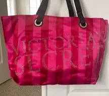 Victoria's Secret NEW  Tote Bag Pink & Red Striped Faux Satin Lined