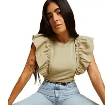 Nation Ltd Para Ruffle Sleeve Boxy T Shirt Safari Pima Cotton Size L