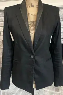 Helmut Lang Black Linen Blend Blazer Leather Collar Single Button Women Size