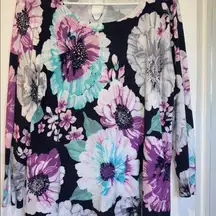 ONE A BRAND BLACK BLUE PURPLE WHITE FLORAL DESIGN SWEATER 3/4”SLEEVES SIZE LARGE