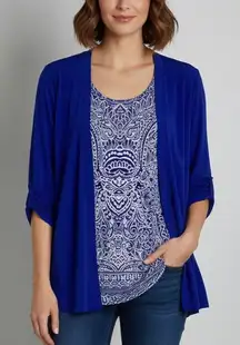 Susan Graver Blue and White‎ Patterned Tank and Cardigan Set