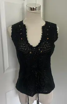 BLACK EXPRESS CROCHET BEADED TIE WAIST TANK TOP‎