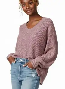 American Eagle Waffle Knit V-Neck Oversized Sweater Womens M Pink Cozy Fall