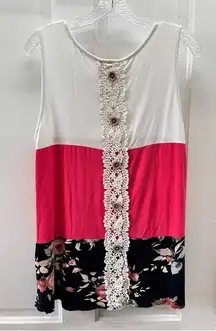 Vanilla Bay sleeveless tank top blouse women's large white, pink, floral