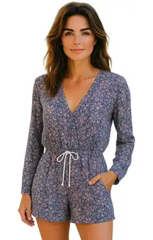 Rhythm. Purple Floral‎ Faux Wrap Tie Waist Long Sleeve Romper - M
