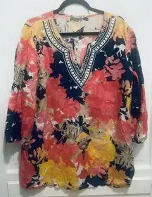 Charter Club Linen Luxury Women's Tunic Top Pink Floral XL Embroidered