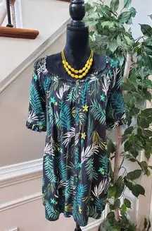 Terra & Sky Black Green Rayon Round Neck Short Sleeve Button Down Shirt Size 2X