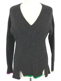 White + Warren Cashmere Speckled V-Neck Sweater Black Contrast Trim Size Small