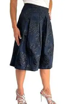 Vince Navy Blue Cotton Blend Pleated Knee Length Leaf Print Jacquard Skirt size