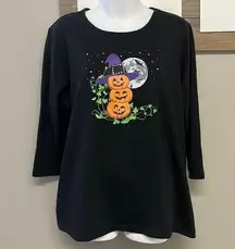 Holiday Editions Halloween Black 3/4 Sleeve T-Shirt with Pumpkins Witch Hat- 1X