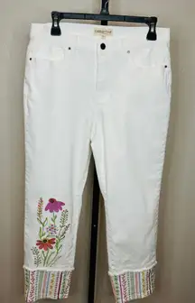 White Embroidered Floral Fray Cuff Jeans Coldwater Creek Size 12 Straight Crop