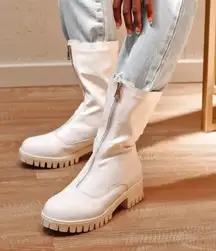 Lulu's Lakelynn White‎ Faux Leather Zip Up Combat Mid Calf Boots Sz 6.5 Party