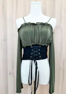 Womens Corset Long Sleeve Top Green Black Off Shoulder Ren Faire Forest Fairy