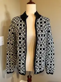 Talbots Black White Geometric Fair Isle Zip Up Cardigan Sweater Women M Cotton