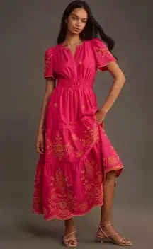 NWT Anthropologie Maeve Somerset Maxi in Pink Embroidered Edition Dress L