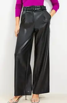 Loft Black Faux Leather High Rise Wide-Leg Belted Fleece Lined Trouser Pants