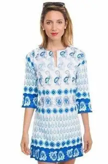 Gretchen Scott Cotton Tunic Mini Dress Womens Notta Paisley Blue White small