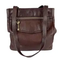 Vintage Fossil Brown Pebbled Leather Shoulder Tote Bag