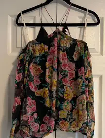 Ella Moss Black Silk Floral Off-the-Shoulder Top | Size S