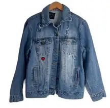 Love Tree Denim Jacket Destructed Heart Patch Blue Layer Utility Chore Size MD