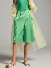ANTHROPOLOGIE Hutch Pleated Utility Shorts Hi Rise Satin Green Size M NEW