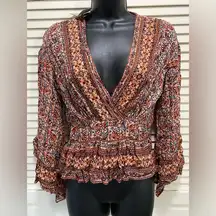 Angie Boho Paisley Deep V Blouse Long Bell Asymmetrical Sleeves Size L Smocked