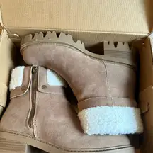 JustFab Tan Heeled Boots with Cream Fur Trim