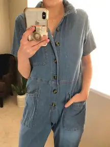 utility denim jumpsuit long sleeve collared