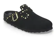 Birkenstock Boston Clog Rivets Black Suede Ltd. Ed. Size 40 Narrow Leather Bed