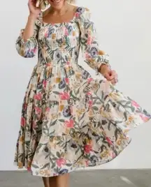 Baltic Born Marta Floral Smocked Square Neck Midi Dress Womens Medium 3/4 Sleeve