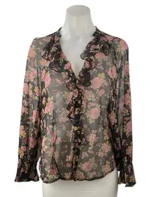 Zara Women's Floral Sheer Mesh Long Sleeve Ruffle V Neck Shirt Blouse Top Size S