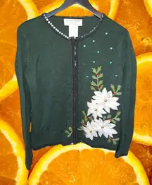 Tiara International‎ Christmas Holiday Sweater with White Poinsettia Y2K Size M
