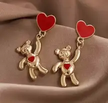 Teddy Bear Enameled Heart Stud Drop Dangle Earrings