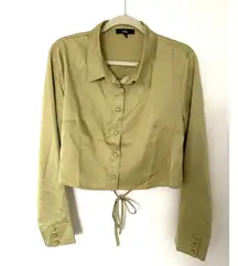 Lulus Green Cropped Satin Feel Blouse Open Back Long Sleeve Front Button Sz XL