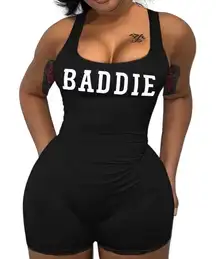 NWT ~ Women's Black Backless "BADDIE" Shorts Jumpsuit Romper ~ Size XL